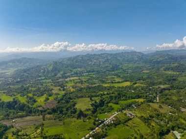 Yağmur ormanları ve tarım arazisi olan dağ yamaçları. Mavi gökyüzü ve bulutlar. Mindanao, Filipinler.