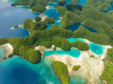 Tropikal Ada 'da turkuaz su gölü. Mercan resifli deniz manzarası. Sohoton Koyu. Bucas Grande Adası. Mindanao, Filipinler.