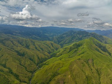 Yeşil tepeli ve yağmur ormanlı dağ manzarası. Bukidnon, Filipinler.