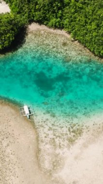 Göl kenarında doğal saydam turkuaz suyun üzerinde mercan resifleriyle uçuyor. Sohoton Koyu. Deniz Burnu. Mindanao, Filipinler. Dikey görünüm.