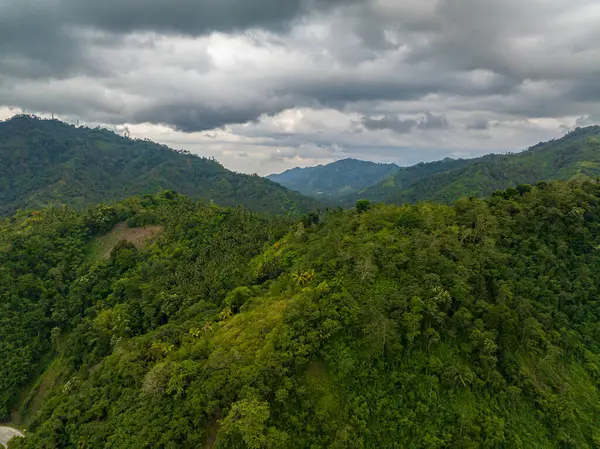 Tropikal adada dağ zirveleri ormanla kaplı bir dağ manzarası. Daimi yeşil bitki örtüsü olan yamaçlar. Mindanao, Filipinler.