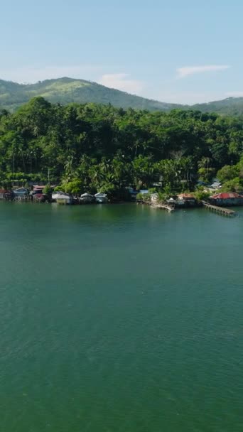 ラナオ ノルテの海岸近くのフィッシャーマン村の空中ドローンビュー ミンダナオだ フィリピン シースケープ 垂直ビュー — ストック動画