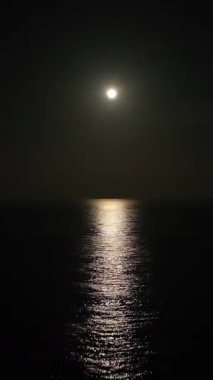 Geceleri okyanus dalgalarının üzerinden ay ışığıyla aydınlanan gökyüzüne doğru uçuyor. Gece sahnesi. Dikey.