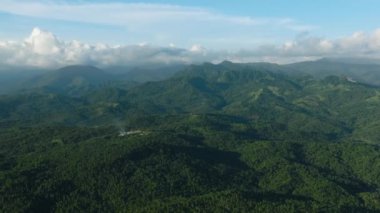 Tropik adanın güzel dağ manzarası. Açık mavi gökyüzü ve bulutlar. Mindanao, Filipinler.