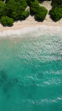 Kumsal ve turkuaz su ve güneş ışığı yansıması. Samal Adası. Davao, Filipinler. Dikey görünüm.