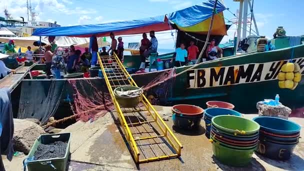 Het Lossen Van Emmer Vis Van Fishing Boat Tuna Harbor — Stockvideo
