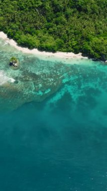 Şeffaf turkuaz deniz suyu ve dalgalar, üst manzara. Samal Adası 'ndaki sahil şeridi. Davao, Filipinler. Dikey görünüm.