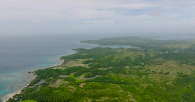 Beyaz kum ve mercanlarla dolu bir sahil şeridi. Santa Fe, Tablas, Romblon 'daki dağ tepeleri ve pirinç tarlaları. Filipinler.