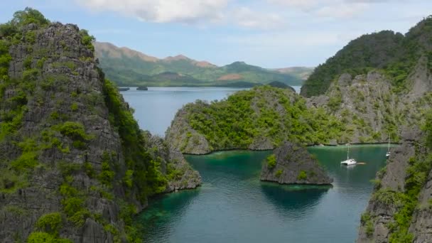 Известняковые Камни Озере Каянган Лодка Бежит Зеленой Воде Корон Палаван — стоковое видео