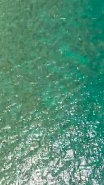 Turkuaz renkli okyanus suyu. Güneş ışığı yansımalı berrak su. Mindanao, Filipinler. Dikey video.