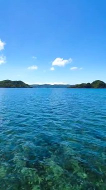 Tropik ada ve mavi deniz. Mavi gökyüzü ve bulutlar. Tagana-an, Surigao del Norte. Filipinler. Dikey görünüm.
