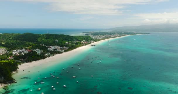 White Beach Path Boracay Island Turkoois Helder Water Met Boten — Stockvideo
