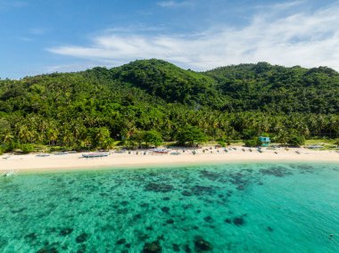 Cobrador Adası 'ndaki beyaz kumsalda balıkçı tekneleri. Romblon, Filipinler.