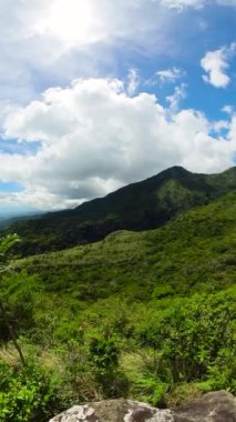Yeşil bitkileri ve ormanları olan dağ tepeleri. Mavi gökyüzü ve bulutlar. Dauin, Zenci Doğulu. Filipinler. Dikey görünüm.