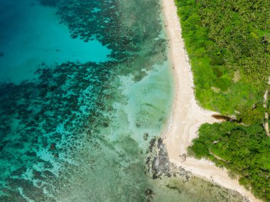 Turkuaz suyun üzerine güneş ışığı yansıması. Tropik sahildeki mercan kayalıkları. Santa Fe, Tablas, Romblon. Filipinler.