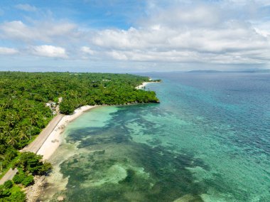 Turkuaz berrak su ve mercan resifleri. Carabao Adası, Romblon 'daki plajlar. Filipinler.