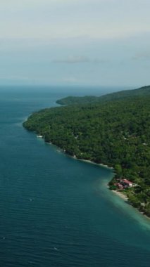 Tropikal ada, derin mavi deniz ve dalgalar. Samal Adası. Davao, Filipinler. Dikey görünüm.