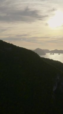 El Nido, Palawan 'da günbatımı olan tropik bir ada. Filipinler. Dikey görünüm.