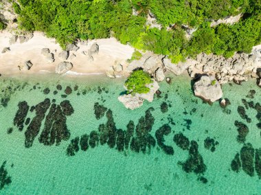 Beyaz kumların üzerinde kayalar olan Carabao Adası. Okyanus dalgaları ve yeşilimsi deniz suyu. San Jose, Romblon. Filipinler.