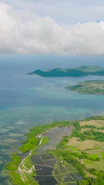 Tarımsal alanda çeltik pilavı, turkuaz deniz suyu ve mercanlarla kıyı şeridi. Tablolar Adası. Romblon, Filipinler. Dikey görünüm.