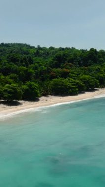 Beyaz kumu, turkuaz suyu ve dalgaları olan tropik bir sahil. Samal, Davao. Filipinler. Dikey görünüm.