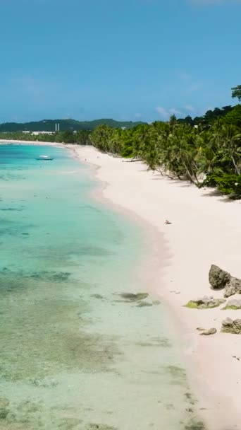 白い砂とサンゴの透明な水が付いているビーチ フィリピン ボラカイ 垂直ビュー — ストック動画
