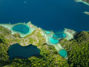 Coron 'da gizli göl ve Kara Göl, yukarıdan görüş. Palawan, Filipinler.