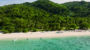Beyaz kumlu ve balıkçı tekneli güzel bir sahil. Cobrador Adası. Romblon, Filipinler.