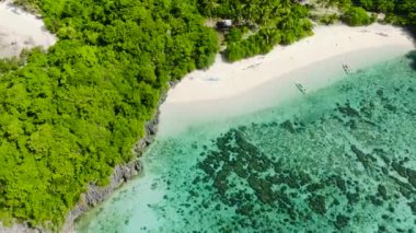 Tropikal sahilde mercanlı turkuaz su. Cobrador Adası. Romblon, Filipinler.