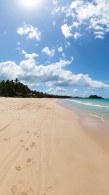Nacpan Sahili 'ndeki kumlu sahilde dalgalar. El Nido. Palawan 'da. Filipinler. Dikey görünüm.