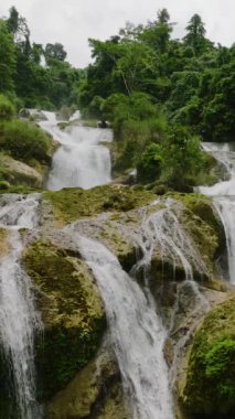 Kayaların üzerinden hızlı akan tropik şelaleler. Aliwagwag Şelalesi. Mindanao, Filipinler. Dikey görünüm.