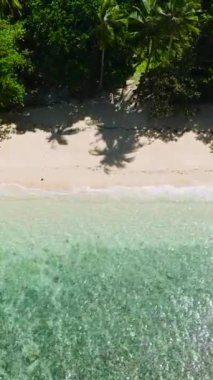 Turkuaz su ve kumlu plajda güneş yansıması. Romblon, Romblon. Filipinler. Dikey görünüm.