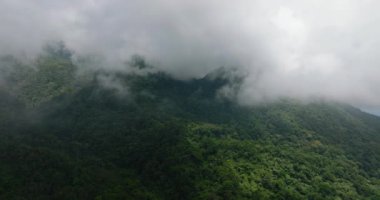 Dağ ormanı ve ormanın üzerindeki bulutlu manzara. Camiguin, Filipinler.