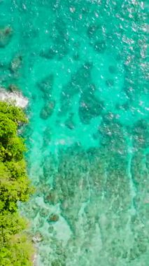 Turkuaz deniz ve dalgalarla kıyı şeridi. Carabao Adası, Romblon. Filipinler. Dikey görünüm.