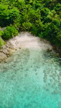 Turkuaz berrak su ve kumsal Alad Adası 'nda güneş yansıması. Romblon, Filipinler. Dikey görünüm.
