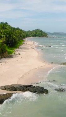 Okyanus dalgalarının kayalara ve kumlara çarptığı kumsalın insansız hava aracı görüntüsü. Santa Fe, Tablas, Romblon. Filipinler. Dikey görünüm.