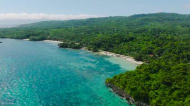 Güneş yansımalı mercan resifli turkuaz deniz suyunun havadan görünüşü. Carabao Adası, Romblon. Filipinler.