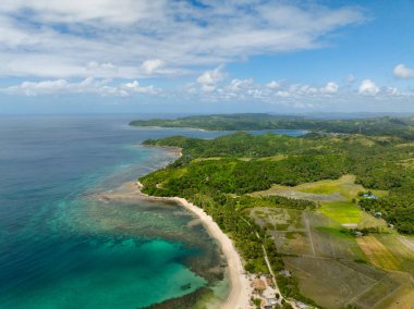 Turkuaz deniz suyu beyaz kumsalda. Santa Fe, Tablas, Romblon 'daki çeltik pirinç tarlaları. Filipinler.