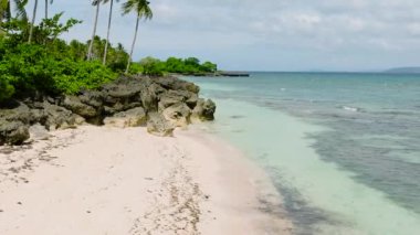 Hindistan cevizi ağaçlarıyla Carabao Adası ve berrak okyanus dalgalarıyla beyaz kumsal. San Jose. Romblon, Filipinler.