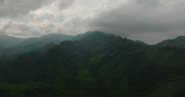 Yeşil yapraklar, tropikal bitkiler ve ağaçlar dağları ve vadiyi kaplar. Mindanao, Filipinler.