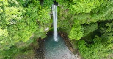 Camiguin Adası 'nda yemyeşil yapraklarla çevrili yeşilimsi bir şelale. Katibawasan Şelalesi. Filipinler.