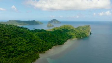 Yeşil bitkileri ve ağaçları olan tropik bir ada. Mavi gökyüzü ve bulutlar. El Nido, Palawan. Filipinler.