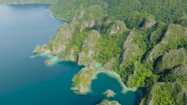 Mavi deniz ve Palawan, Coron 'da kireçtaşı kayaları olan göller. Filipinler.