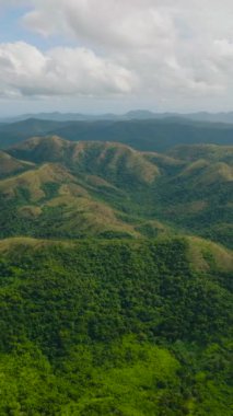 Dağlar ve yeşil tepeler. Dağların yamaçlarında hep yeşil bitkiler olur. Koron. Palawan, Filipinler. Dikey görünüm.