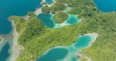 Yağmur ormanları ve turkuaz su lagünleriyle Tinago Adası üzerinde uçuyorlar. Surigao del Norte. Mindanao, Filipinler.