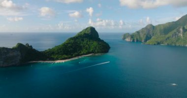 Mavi denizin üzerinden Helicopter Sahili 'ne uçuyorum. El Nido, Palawan. Filipinler.