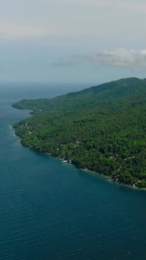 Tropikal ada, derin mavi deniz ve dalgalar. Samal Adası. Davao, Filipinler. Dikey görünüm.