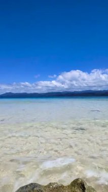 Hagonoy Adası 'ndaki beyaz kumsalda okyanus dalgaları. Britanya Adası. Surigao del Sur, Filipinler. Dikey görünüm.