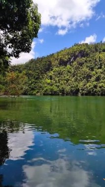 Yeşil gölün üzerinde güneş ışığı yansıması. Tiktikan Gölü. Bucas Grande, Surigao del Norte. Filipinler. Dikey görünüm.