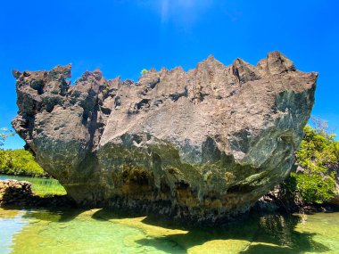 Yeşil deniz suyu ve güzel şekilli büyük bir kaya. Tinago Adası. Filipinler.